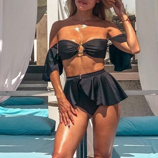 Ensemble de bikinis noirs élégants taille haute, maillot de bain à volants épaule dénudée pour l'été et le printemps, maillot de bain push-up pour femmes, bikini avec anneau et jupe de plage
