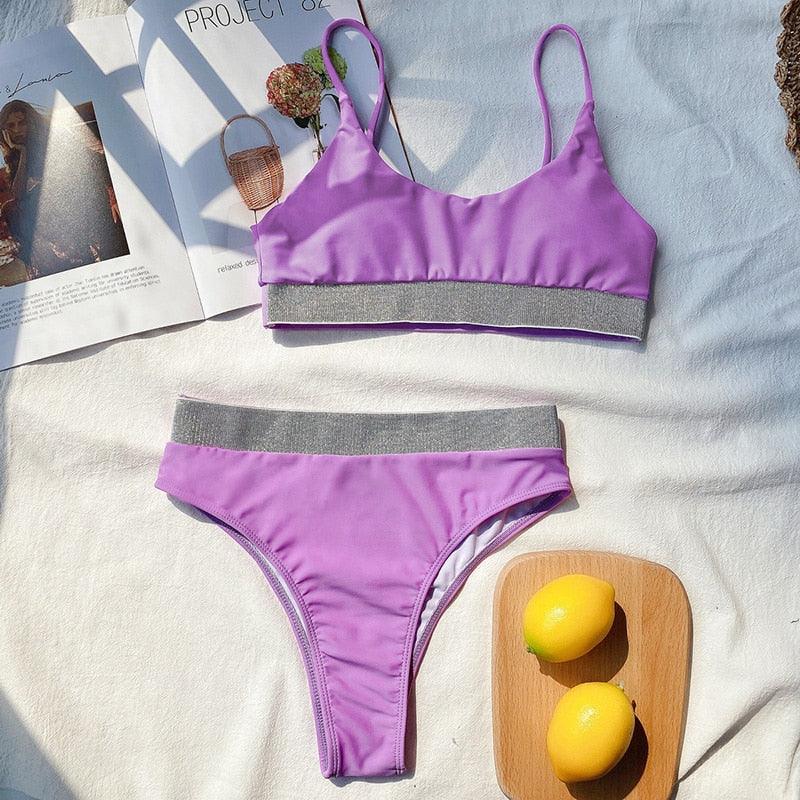 Maillot de bain bikini taille haute noir élégant pour femmes, maillots de bain push-up, bikini brillant épissé, maillots de bain taille haute, ensemble bikini pour femmes, maillot de bain deux pièces push-up taille haute pour filles