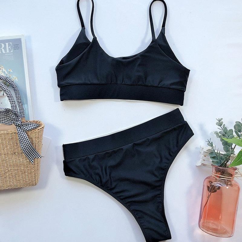 Maillot de bain bikini taille haute noir élégant pour femmes, maillots de bain push-up, bikini brillant épissé, maillots de bain taille haute, ensemble bikini pour femmes, maillot de bain deux pièces push-up taille haute pour filles