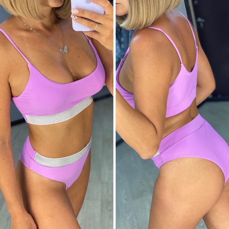 Maillot de bain bikini taille haute noir élégant pour femmes, maillots de bain push-up, bikini brillant épissé, maillots de bain taille haute, ensemble bikini pour femmes, maillot de bain deux pièces push-up taille haute pour filles