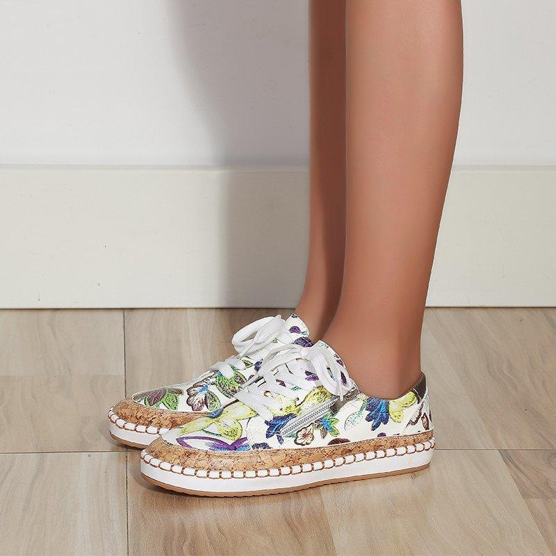 Baskets élégantes à fleurs pour femmes Imprimé Baskets plates à lacets Chaussures mode à bout rond Baskets décontractées pour femmes Chaussures de tennis confortables pour la marche