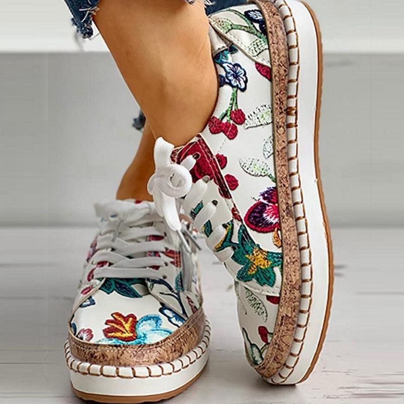 Baskets élégantes à fleurs pour femmes Imprimé Baskets plates à lacets Chaussures mode à bout rond Baskets décontractées pour femmes Chaussures de tennis confortables pour la marche