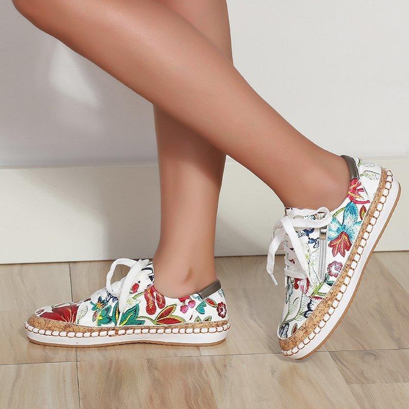 Baskets élégantes à fleurs pour femmes Imprimé Baskets plates à lacets Chaussures mode à bout rond Baskets décontractées pour femmes Chaussures de tennis confortables pour la marche