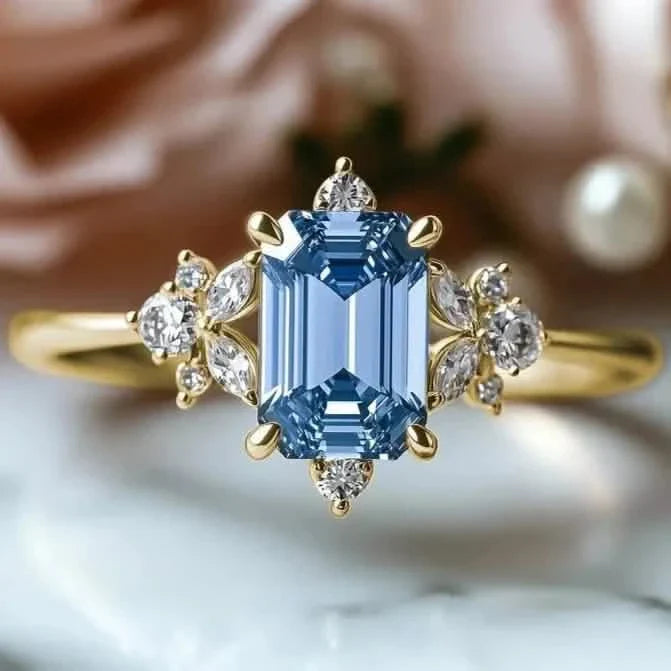 Élégante bague de fiançailles en cuivre plaqué or avec oxyde de zirconium bleu carré