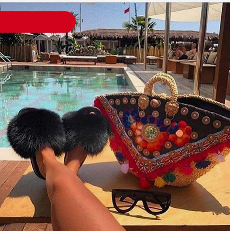 Élégantes pantoufles d'intérieur en fourrure pour femmes, claquettes de plage en peluche, pantoufles à poils, pantoufles douillettes et duveteuses à bout ouvert, sandales en plumes de fourrure de renard, chaussures à enfiler en fourrure pour femmes.