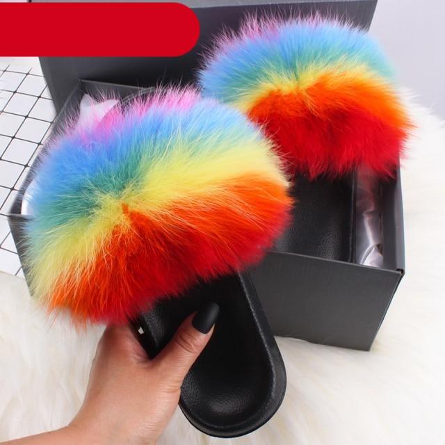 Élégantes pantoufles d'intérieur en fourrure pour femmes, claquettes de plage en peluche, pantoufles à poils, pantoufles douillettes et duveteuses à bout ouvert, sandales en plumes de fourrure de renard, chaussures à enfiler en fourrure pour femmes.
