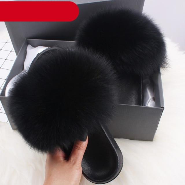 Élégantes pantoufles d'intérieur en fourrure pour femmes, claquettes de plage en peluche, pantoufles à poils, pantoufles douillettes et duveteuses à bout ouvert, sandales en plumes de fourrure de renard, chaussures à enfiler en fourrure pour femmes.