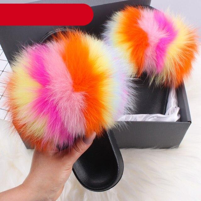 Élégantes pantoufles d'intérieur en fourrure pour femmes, claquettes de plage en peluche, pantoufles à poils, pantoufles douillettes et duveteuses à bout ouvert, sandales en plumes de fourrure de renard, chaussures à enfiler en fourrure pour femmes.