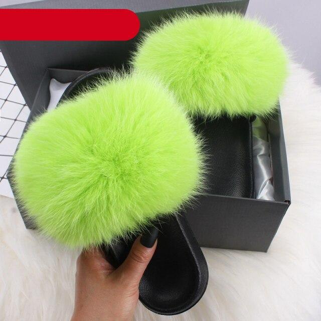 Élégantes pantoufles d'intérieur en fourrure pour femmes, claquettes de plage en peluche, pantoufles à poils, pantoufles douillettes et duveteuses à bout ouvert, sandales en plumes de fourrure de renard, chaussures à enfiler en fourrure pour femmes.