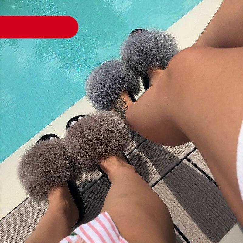 Élégantes pantoufles d'intérieur en fourrure pour femmes, claquettes de plage en peluche, pantoufles à poils, pantoufles douillettes et duveteuses à bout ouvert, sandales en plumes de fourrure de renard, chaussures à enfiler en fourrure pour femmes.
