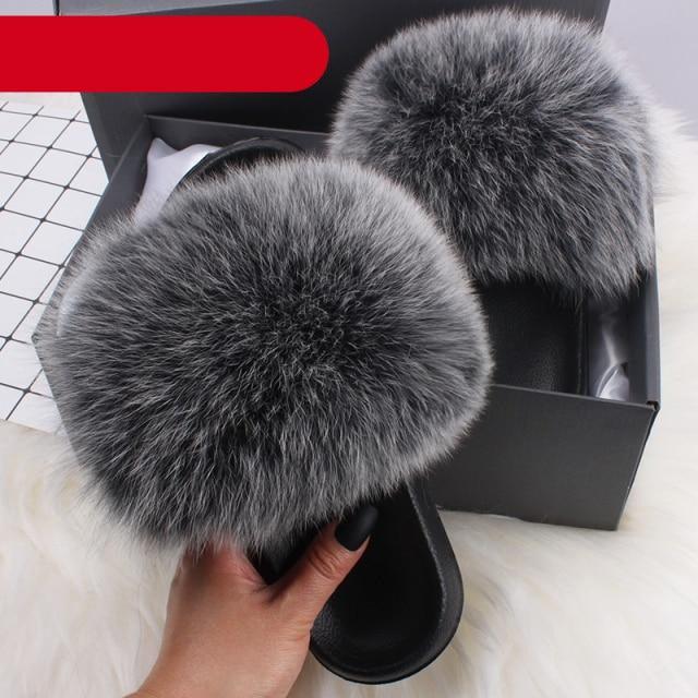 Élégantes pantoufles d'intérieur en fourrure pour femmes, claquettes de plage en peluche, pantoufles à poils, pantoufles douillettes et duveteuses à bout ouvert, sandales en plumes de fourrure de renard, chaussures à enfiler en fourrure pour femmes.