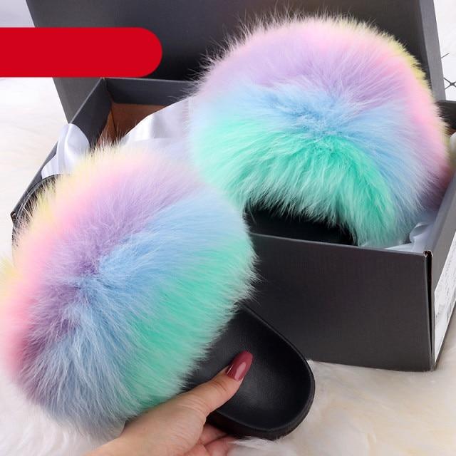 Élégantes pantoufles d'intérieur en fourrure pour femmes, claquettes de plage en peluche, pantoufles à poils, pantoufles douillettes et duveteuses à bout ouvert, sandales en plumes de fourrure de renard, chaussures à enfiler en fourrure pour femmes.