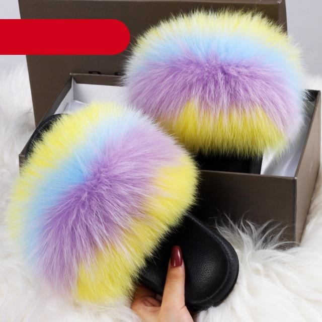 Élégantes pantoufles d'intérieur en fourrure pour femmes, claquettes de plage en peluche, pantoufles à poils, pantoufles douillettes et duveteuses à bout ouvert, sandales en plumes de fourrure de renard, chaussures à enfiler en fourrure pour femmes.