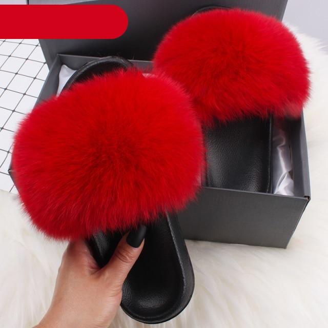 Élégantes pantoufles d'intérieur en fourrure pour femmes, claquettes de plage en peluche, pantoufles à poils, pantoufles douillettes et duveteuses à bout ouvert, sandales en plumes de fourrure de renard, chaussures à enfiler en fourrure pour femmes.
