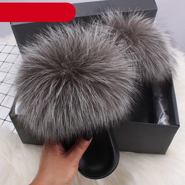 Élégantes pantoufles d'intérieur en fourrure pour femmes, claquettes de plage en peluche, pantoufles à poils, pantoufles douillettes et duveteuses à bout ouvert, sandales en plumes de fourrure de renard, chaussures à enfiler en fourrure pour femmes.