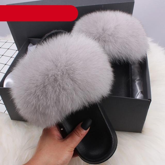 Élégantes pantoufles d'intérieur en fourrure pour femmes, claquettes de plage en peluche, pantoufles à poils, pantoufles douillettes et duveteuses à bout ouvert, sandales en plumes de fourrure de renard, chaussures à enfiler en fourrure pour femmes.