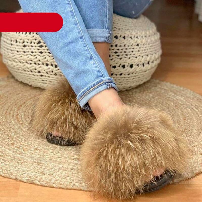 Élégantes pantoufles d'intérieur en fourrure pour femmes, claquettes de plage en peluche, pantoufles à poils, pantoufles douillettes et duveteuses à bout ouvert, sandales en plumes de fourrure de renard, chaussures à enfiler en fourrure pour femmes.