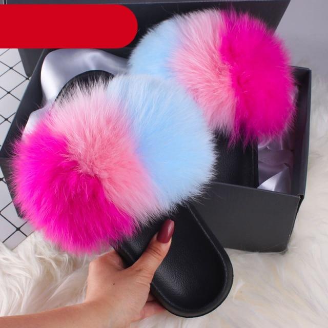Élégantes pantoufles d'intérieur en fourrure pour femmes, claquettes de plage en peluche, pantoufles à poils, pantoufles douillettes et duveteuses à bout ouvert, sandales en plumes de fourrure de renard, chaussures à enfiler en fourrure pour femmes.