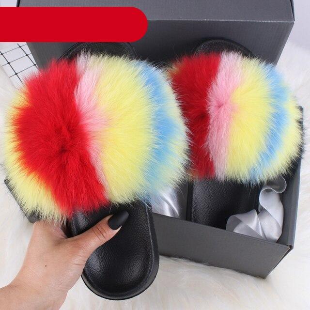 Élégantes pantoufles d'intérieur en fourrure pour femmes, claquettes de plage en peluche, pantoufles à poils, pantoufles douillettes et duveteuses à bout ouvert, sandales en plumes de fourrure de renard, chaussures à enfiler en fourrure pour femmes.