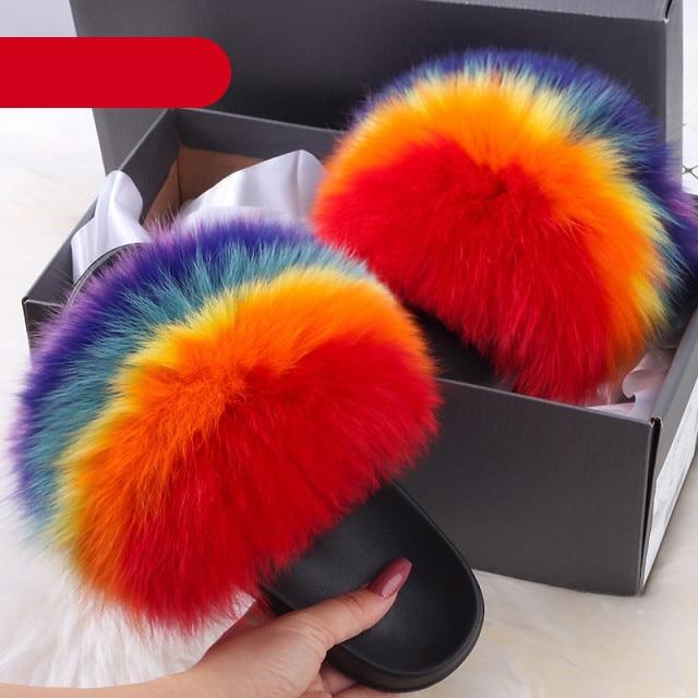 Élégantes pantoufles d'intérieur en fourrure pour femmes, claquettes de plage en peluche, pantoufles à poils, pantoufles douillettes et duveteuses à bout ouvert, sandales en plumes de fourrure de renard, chaussures à enfiler en fourrure pour femmes.