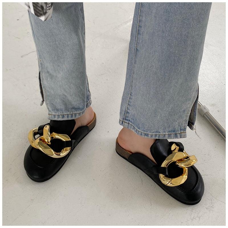 Chaussons pour femmes en métal élégant, bout fermé, chaussures plates à enfiler, bout rond, talons bas, chaussures décontractées, chaussures plates, mocassins à chaîne dorée, chaussures décontractées à enfiler pour femmes, sandales à enfiler, pantoufles.