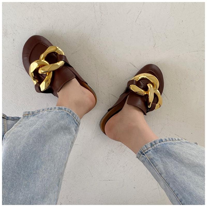 Chaussons pour femmes en métal élégant, bout fermé, chaussures plates à enfiler, bout rond, talons bas, chaussures décontractées, chaussures plates, mocassins à chaîne dorée, chaussures décontractées à enfiler pour femmes, sandales à enfiler, pantoufles.