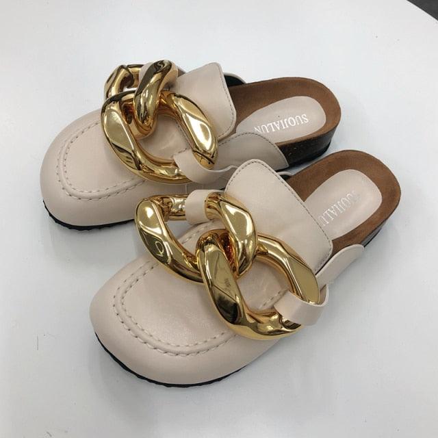 Chaussons pour femmes en métal élégant, bout fermé, chaussures plates à enfiler, bout rond, talons bas, chaussures décontractées, chaussures plates, mocassins à chaîne dorée, chaussures décontractées à enfiler pour femmes, sandales à enfiler, pantoufles.