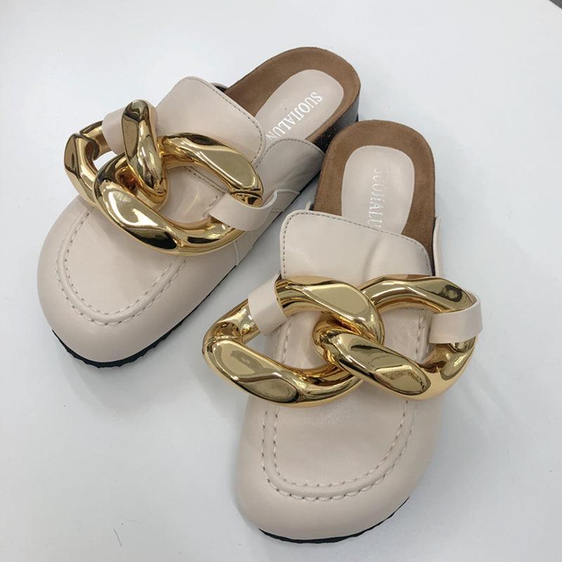 Chaussons pour femmes en métal élégant, bout fermé, chaussures plates à enfiler, bout rond, talons bas, chaussures décontractées, chaussures plates, mocassins à chaîne dorée, chaussures décontractées à enfiler pour femmes, sandales à enfiler, pantoufles.