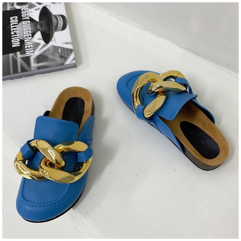 Chaussons pour femmes en métal élégant, bout fermé, chaussures plates à enfiler, bout rond, talons bas, chaussures décontractées, chaussures plates, mocassins à chaîne dorée, chaussures décontractées à enfiler pour femmes, sandales à enfiler, pantoufles.