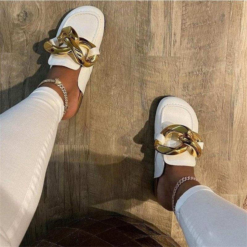 Chaussons pour femmes en métal élégant, bout fermé, chaussures plates à enfiler, bout rond, talons bas, chaussures décontractées, chaussures plates, mocassins à chaîne dorée, chaussures décontractées à enfiler pour femmes, sandales à enfiler, pantoufles.