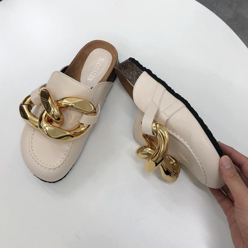 Chaussons pour femmes en métal élégant, bout fermé, chaussures plates à enfiler, bout rond, talons bas, chaussures décontractées, chaussures plates, mocassins à chaîne dorée, chaussures décontractées à enfiler pour femmes, sandales à enfiler, pantoufles.