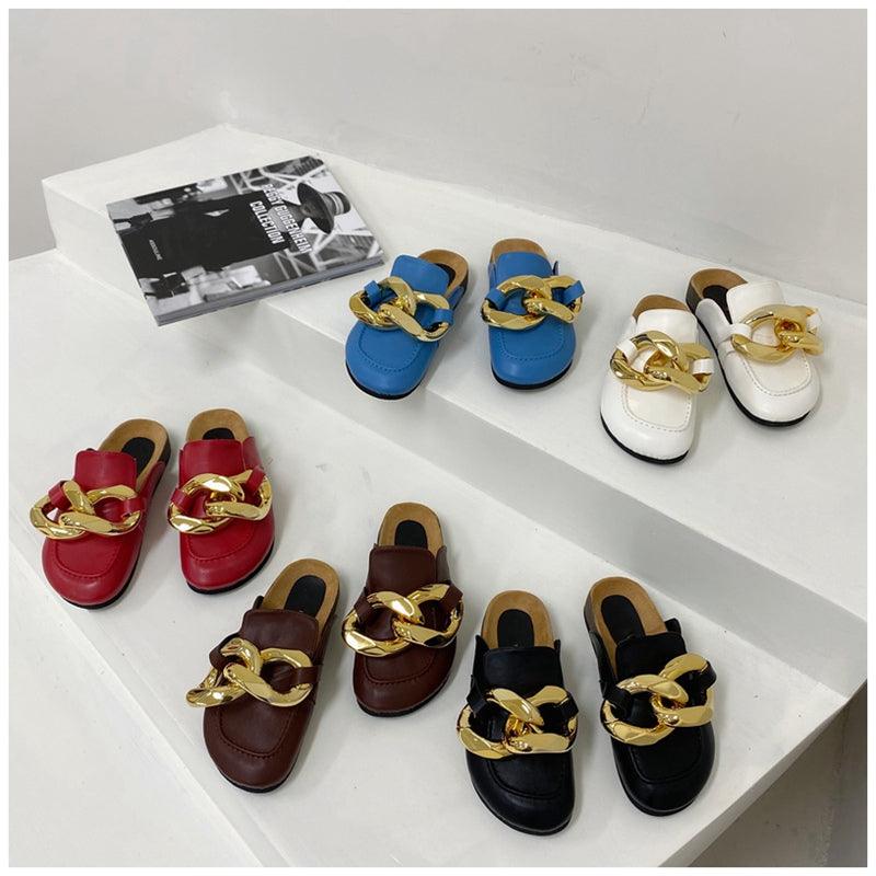 Chaussons pour femmes en métal élégant, bout fermé, chaussures plates à enfiler, bout rond, talons bas, chaussures décontractées, chaussures plates, mocassins à chaîne dorée, chaussures décontractées à enfiler pour femmes, sandales à enfiler, pantoufles.