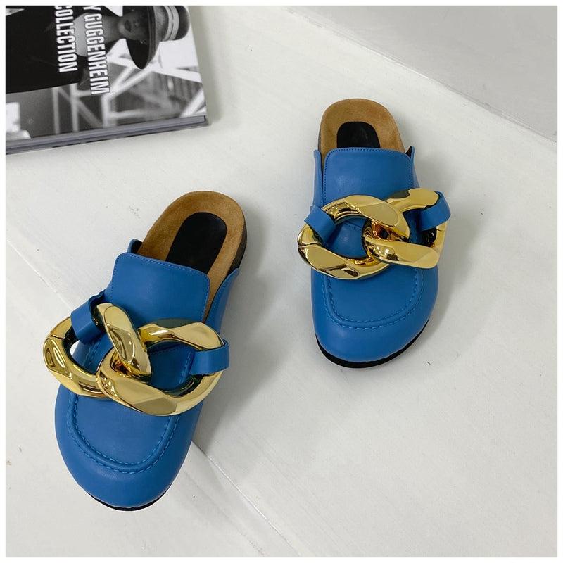 Chaussons pour femmes en métal élégant, bout fermé, chaussures plates à enfiler, bout rond, talons bas, chaussures décontractées, chaussures plates, mocassins à chaîne dorée, chaussures décontractées à enfiler pour femmes, sandales à enfiler, pantoufles.