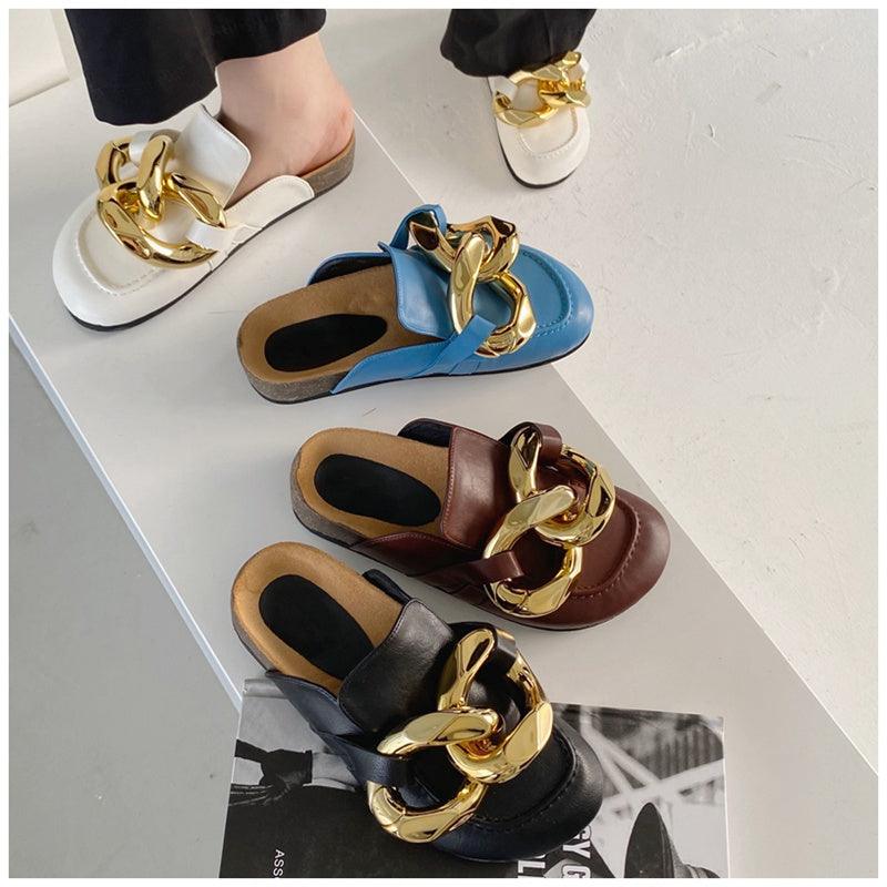 Chaussons pour femmes en métal élégant, bout fermé, chaussures plates à enfiler, bout rond, talons bas, chaussures décontractées, chaussures plates, mocassins à chaîne dorée, chaussures décontractées à enfiler pour femmes, sandales à enfiler, pantoufles.