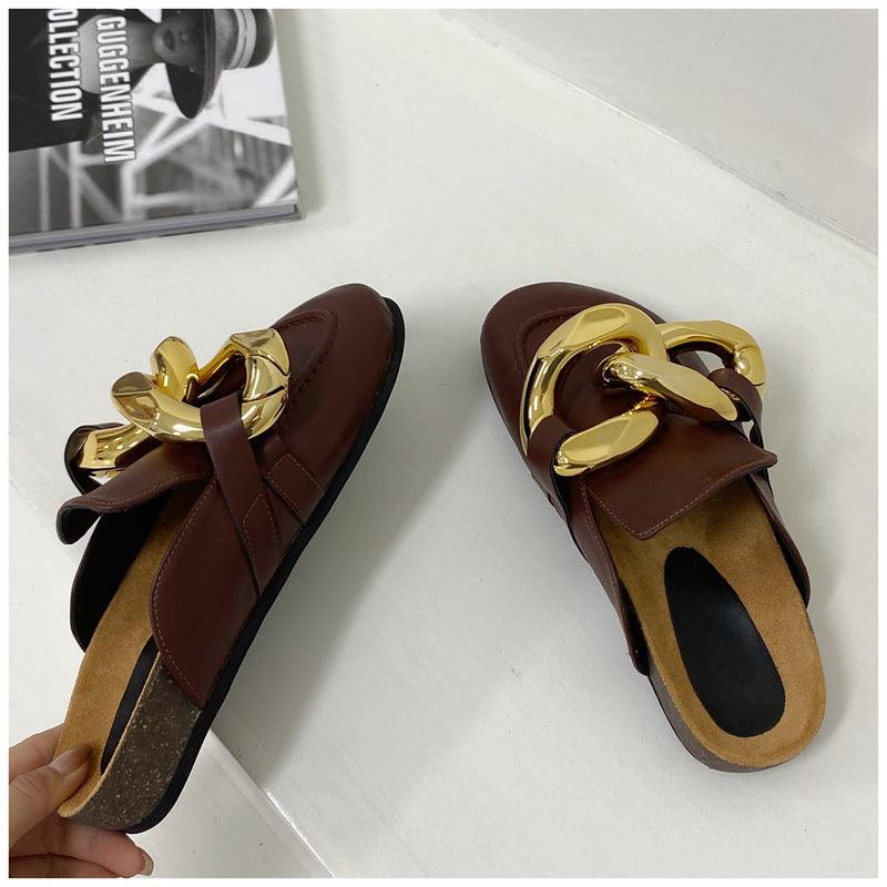 Chaussons pour femmes en métal élégant, bout fermé, chaussures plates à enfiler, bout rond, talons bas, chaussures décontractées, chaussures plates, mocassins à chaîne dorée, chaussures décontractées à enfiler pour femmes, sandales à enfiler, pantoufles.