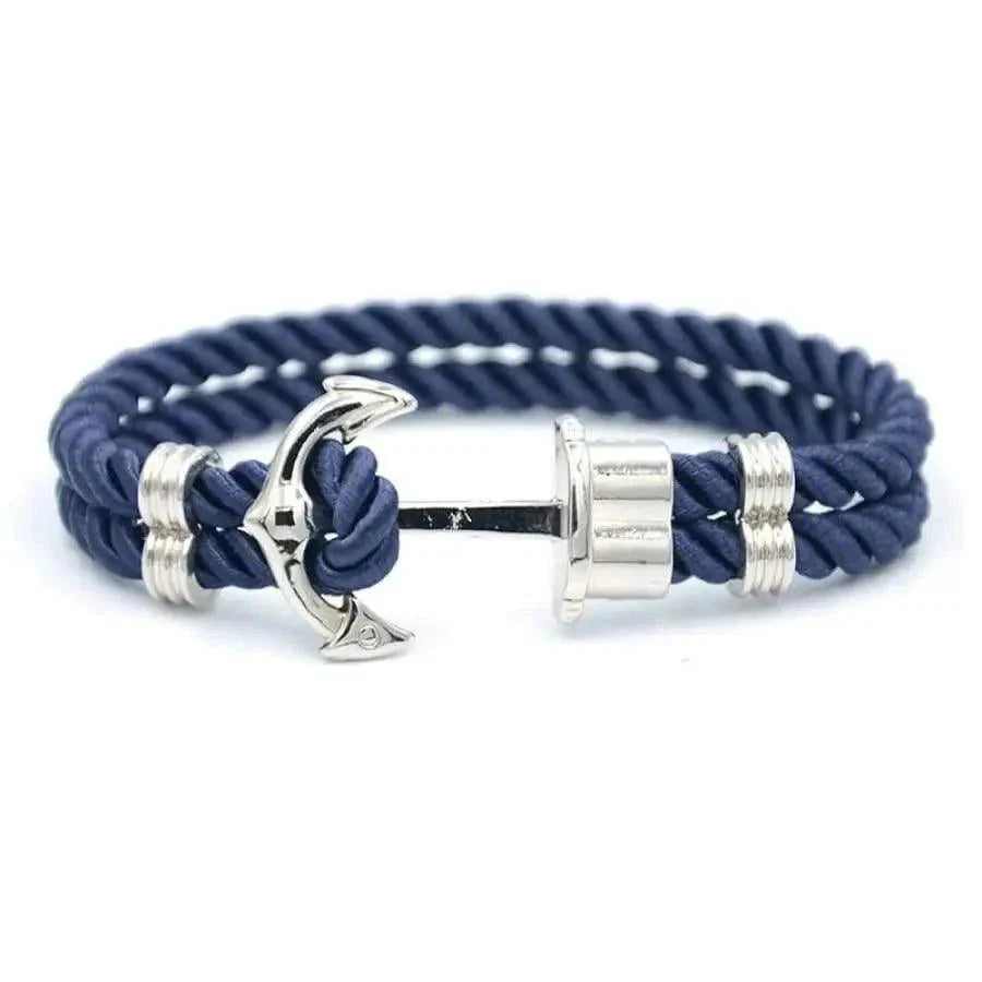 Élégant Bracelet Ancre Homme Fait Main en Acier Inoxydable et Nylon Bleu Marine
