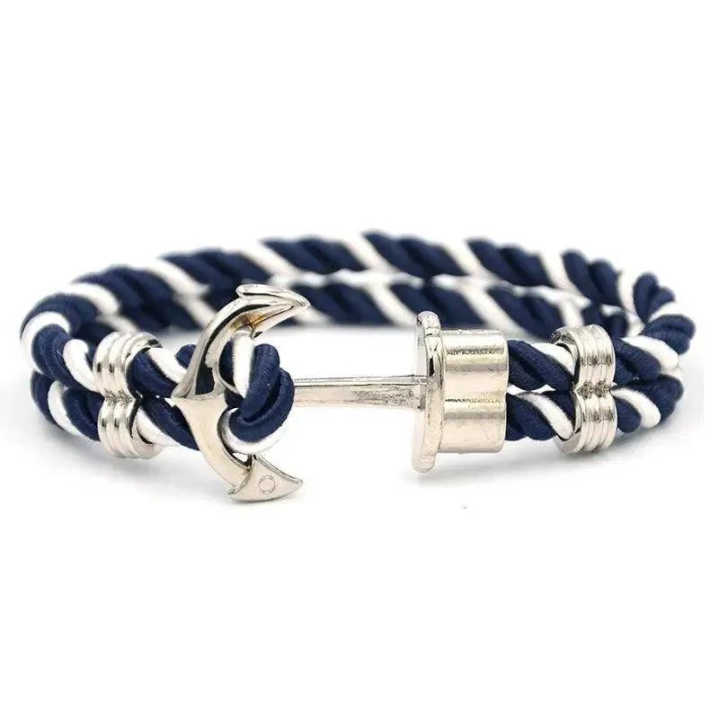 Élégant Bracelet Ancre Homme Fait Main en Acier Inoxydable et Nylon Bleu Marine