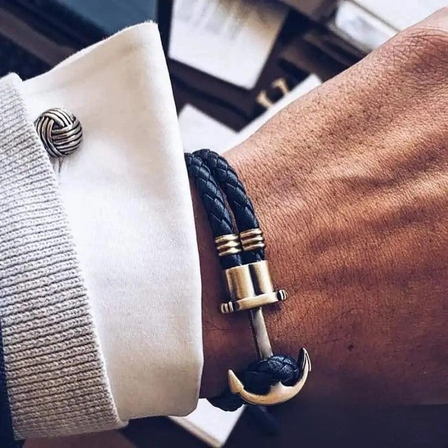 Élégant Bracelet Ancre Homme Fait Main en Acier Inoxydable et Nylon Bleu Marine