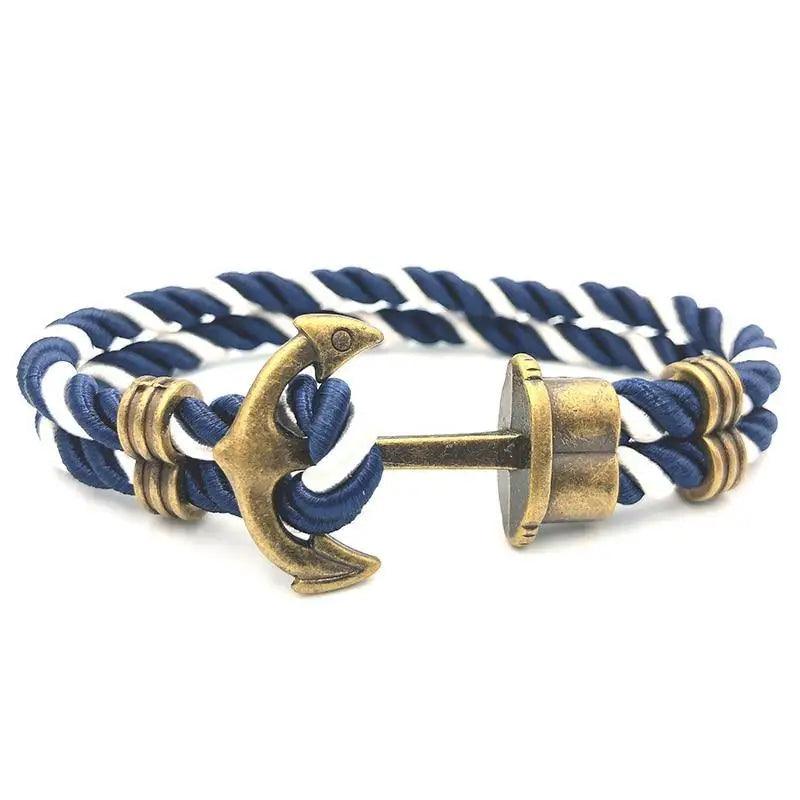 Élégant Bracelet Ancre Homme Fait Main en Acier Inoxydable et Nylon Bleu Marine
