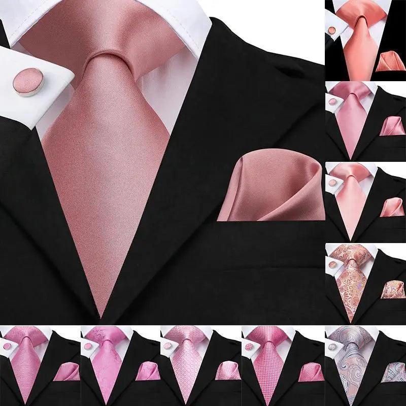 Ensemble Cravate, Mouchoir de Poche et Boutons de Manchette en Soie Rose Élégante - Cravates de Mariage et d'Usage Quotidien Élégantes pour Hommes