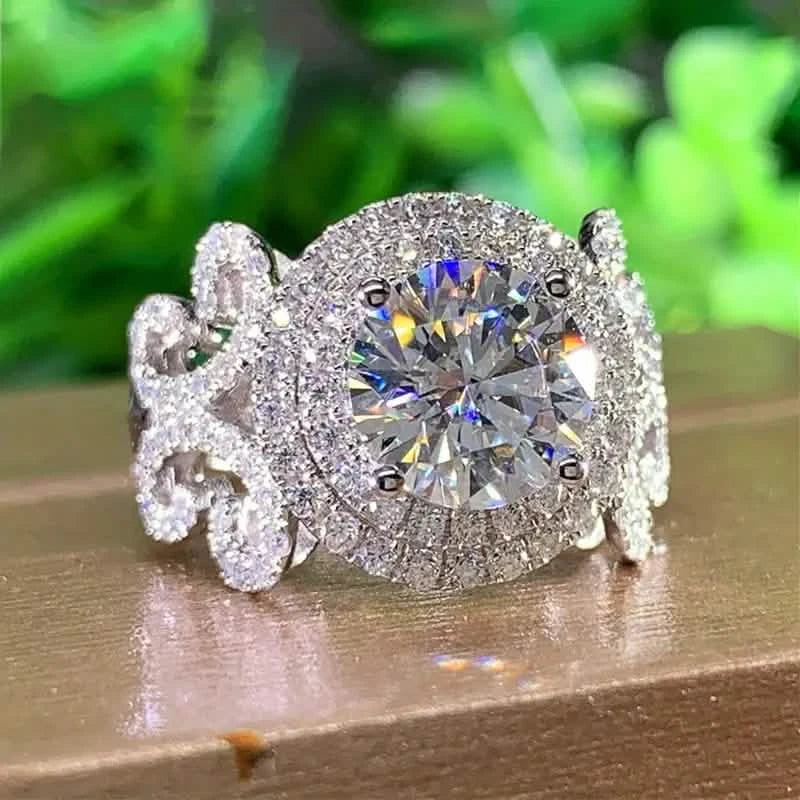 Bague de promesse élégante, design tendance auréole, plaqué argent, pavé de strass brillants, bague de fiançailles/mariage
