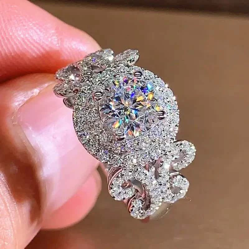 Bague de promesse élégante, design tendance auréole, plaqué argent, pavé de strass brillants, bague de fiançailles/mariage