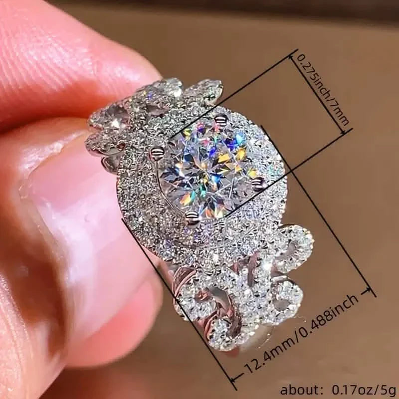 Bague de promesse élégante, design tendance auréole, plaqué argent, pavé de strass brillants, bague de fiançailles/mariage