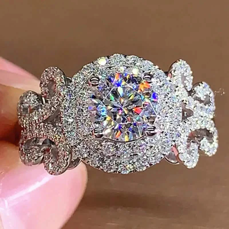 Bague de promesse élégante, design tendance auréole, plaqué argent, pavé de strass brillants, bague de fiançailles/mariage