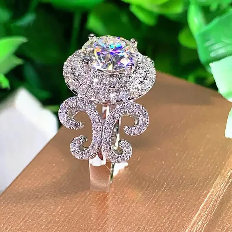 Bague de promesse élégante, design tendance auréole, plaqué argent, pavé de strass brillants, bague de fiançailles/mariage