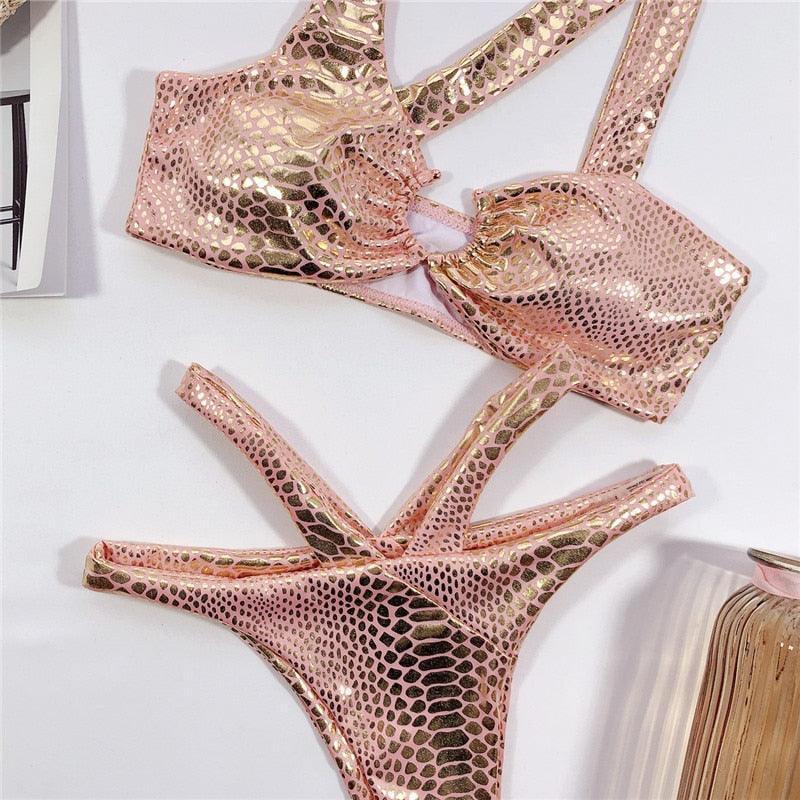 Maillot de bain bandage élégant pour femmes Maillot de bain serpent pour femmes Ensemble bikini doré pour femmes Maillot de bain pour femmes Maillot de bain string bikini brillant deux pièces Maillot de bain pour femmes