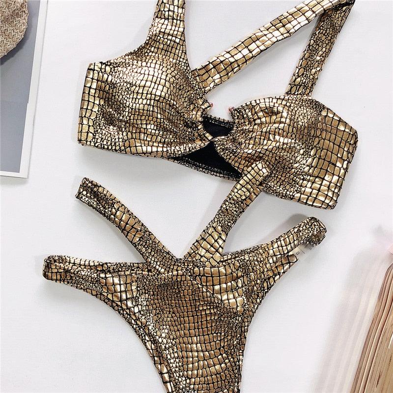 Maillot de bain bandage élégant pour femmes Maillot de bain serpent pour femmes Ensemble bikini doré pour femmes Maillot de bain pour femmes Maillot de bain string bikini brillant deux pièces Maillot de bain pour femmes