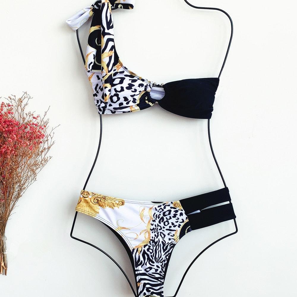 Maillot de Bain Élégant pour Femme, Une Épaule, Robe de Bain Deux Pièces avec Bas de Bikini, Maillots de Bain Bikini Nouveaux Imprimés, Maillot de Bain Couture pour la Plage de Printemps et le Surf