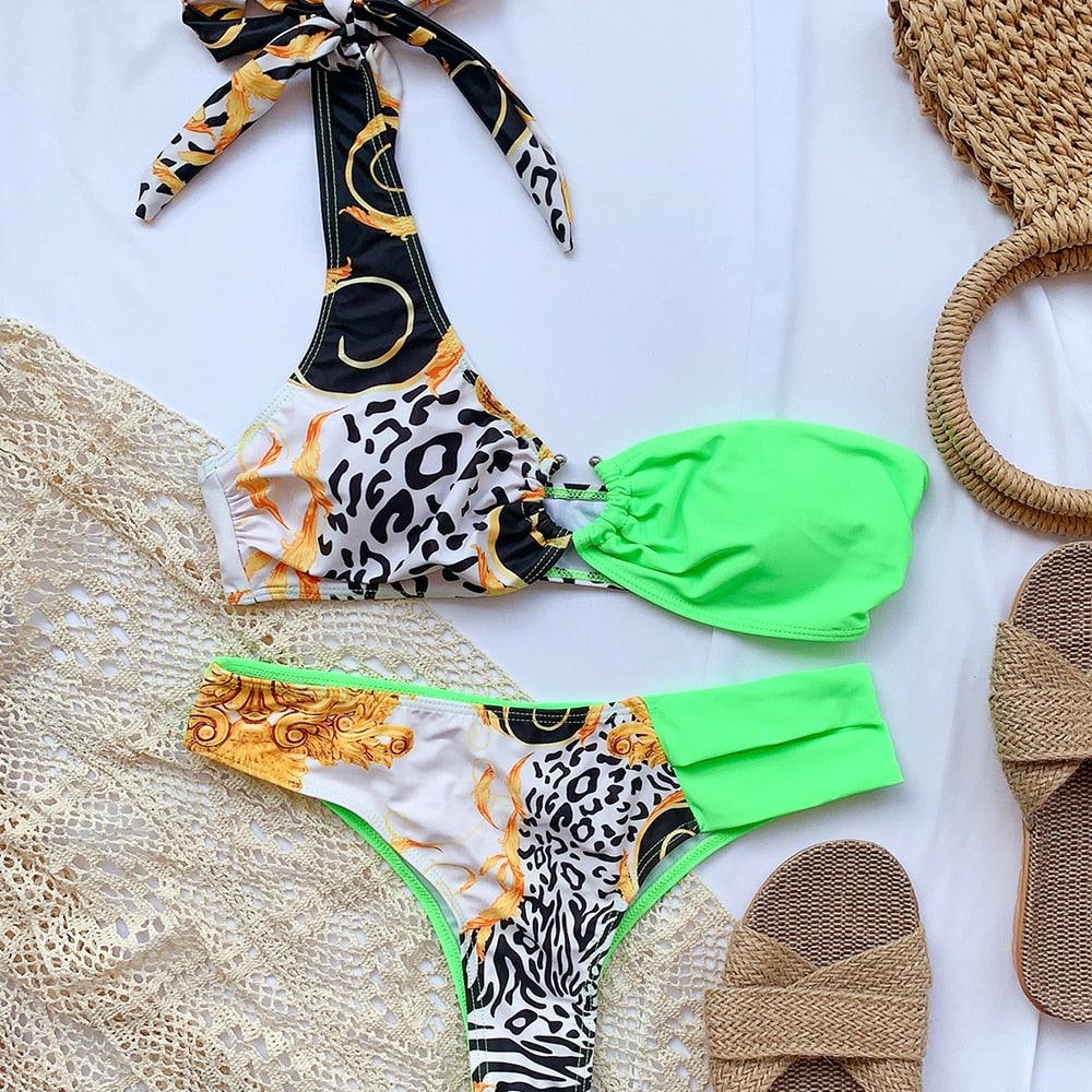 Maillot de Bain Élégant pour Femme, Une Épaule, Robe de Bain Deux Pièces avec Bas de Bikini, Maillots de Bain Bikini Nouveaux Imprimés, Maillot de Bain Couture pour la Plage de Printemps et le Surf