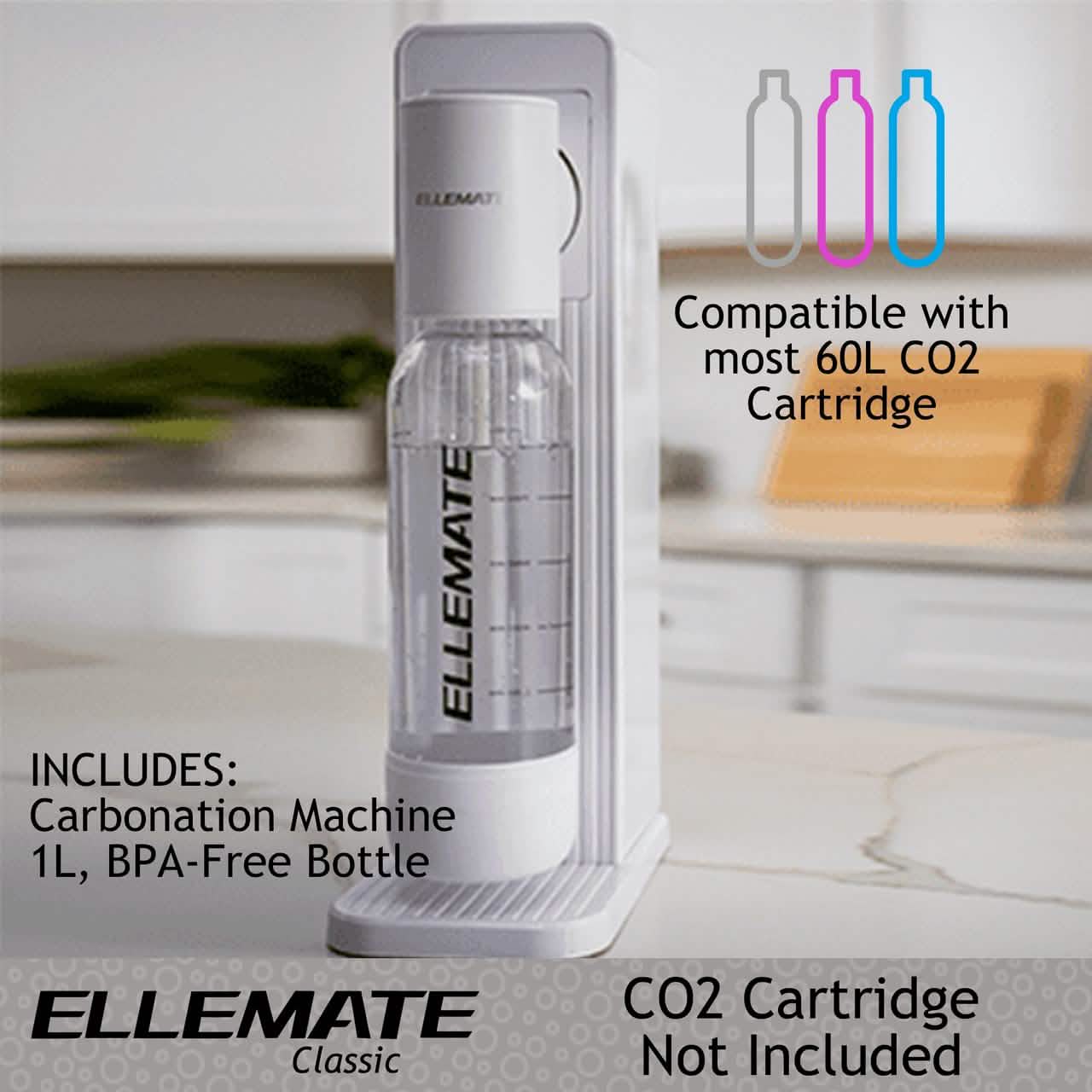 Machine à soda classique Ellemate, eau gazeuse avec technologie de gazéification à une touche, carbonatation sans fil pour une eau pétillante